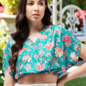 Floral Printed V-Neck Extended Sleeves Blouson Crop Top