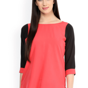 Women Coral Pink & Black Colourblocked Regular Top