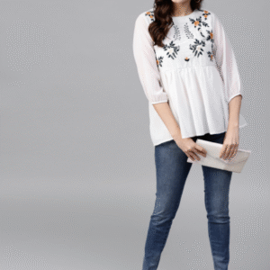 Women White Embroidered A-Line Top