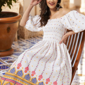 Ethnic Motifs Print Off-Shoulder Flared Sleeve Fit & Flare Midi Dress