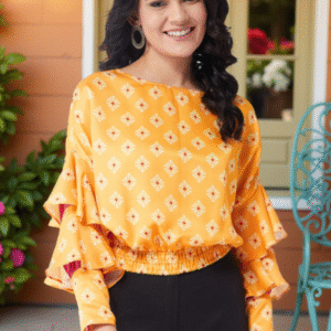 Women Yellow Print Bell Sleeves Blouson Top