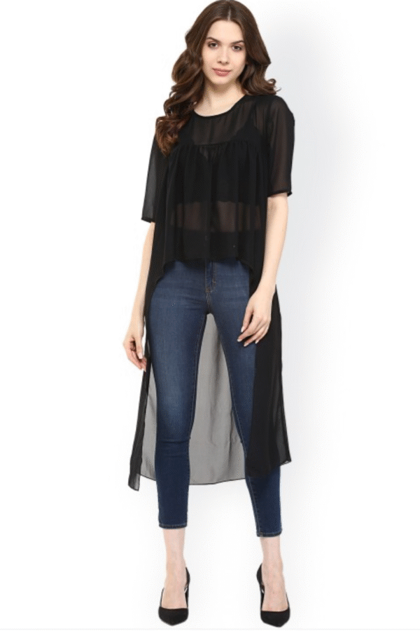 Black Polyester High-Low Sheer Top